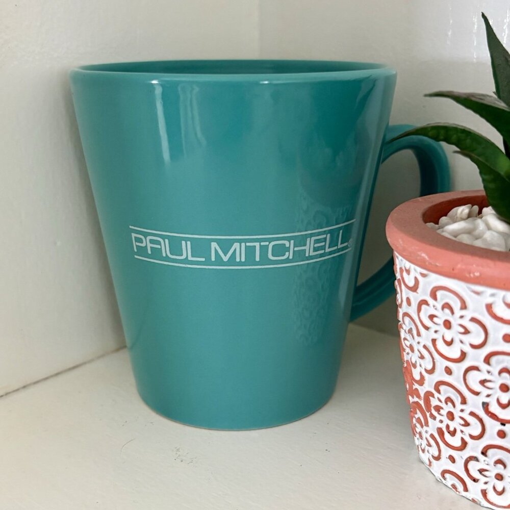 John Paul Mitchell Systems 4" Teal Blue Coffee Mug Vintage Salon Hair Care